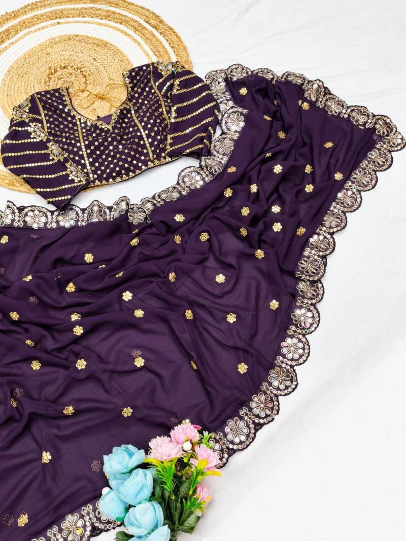 Wine Color Embroidery Front & Back With sleeves With Heavy Original Mirror Georgette Saree