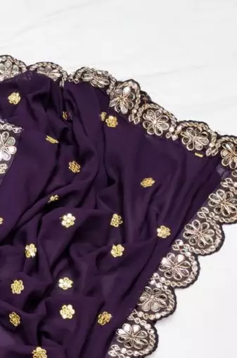 Wine Color Embroidery Front & Back With sleeves With Heavy Original Mirror Georgette Saree