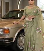 Olive  Color  elegant flower handprint & brush print Work Silk Saree