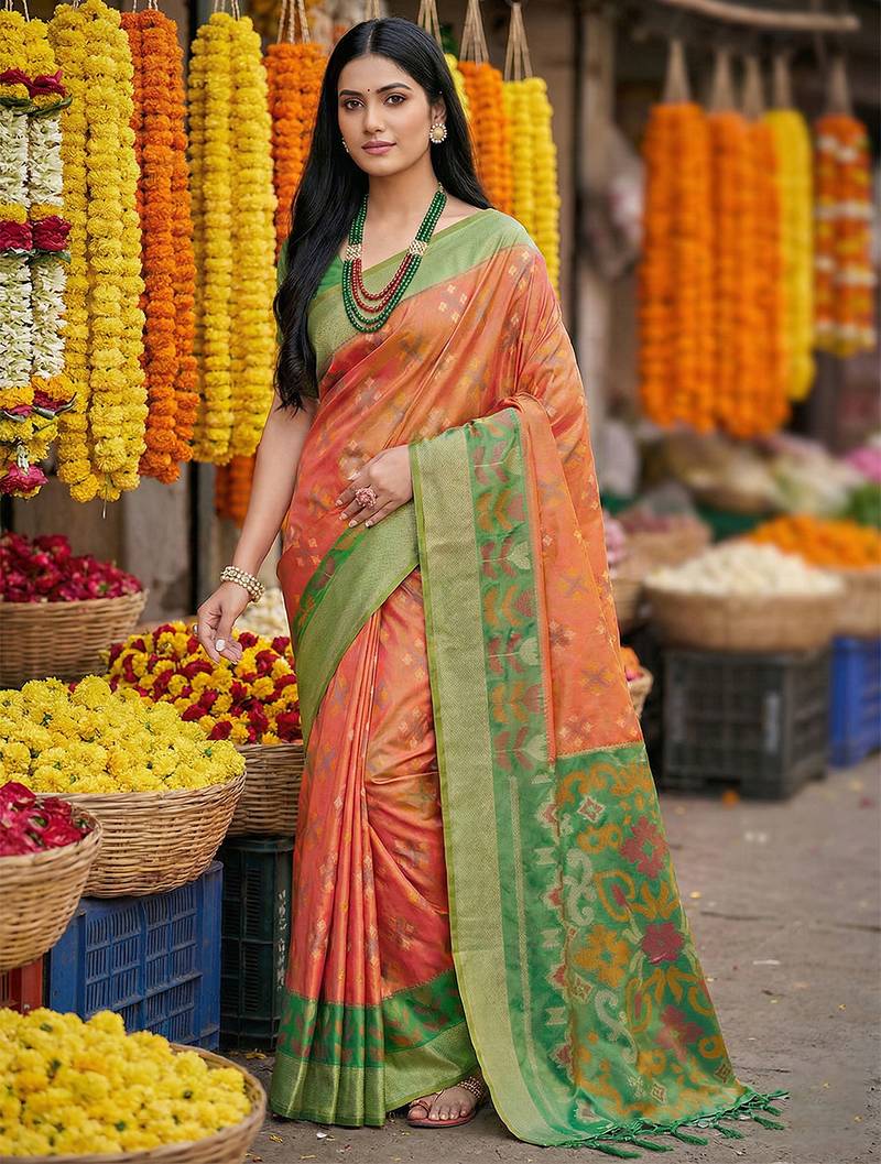 Orenge printed pochampalli silk with blouse fancy saree