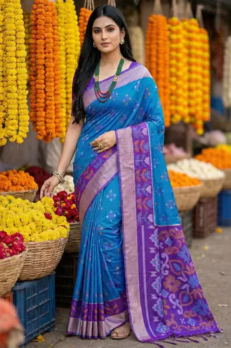 Blue printed pochampalli silk with blouse fancy saree