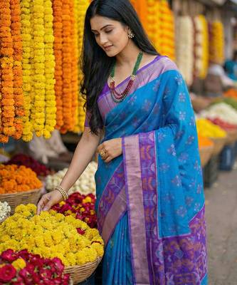 Blue printed pochampalli silk with blouse fancy saree 2