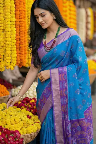 Blue printed pochampalli silk with blouse fancy saree