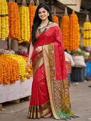Red printed pochampalli silk with blouse fancy saree 1