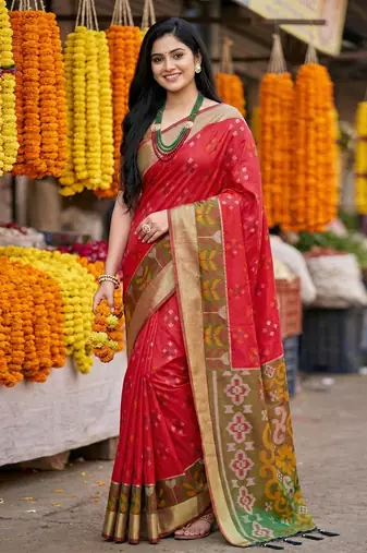 Red printed pochampalli silk with blouse fancy saree