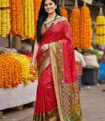 Red printed pochampalli silk with blouse fancy saree