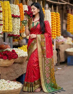 Red printed pochampalli silk with blouse fancy saree 2