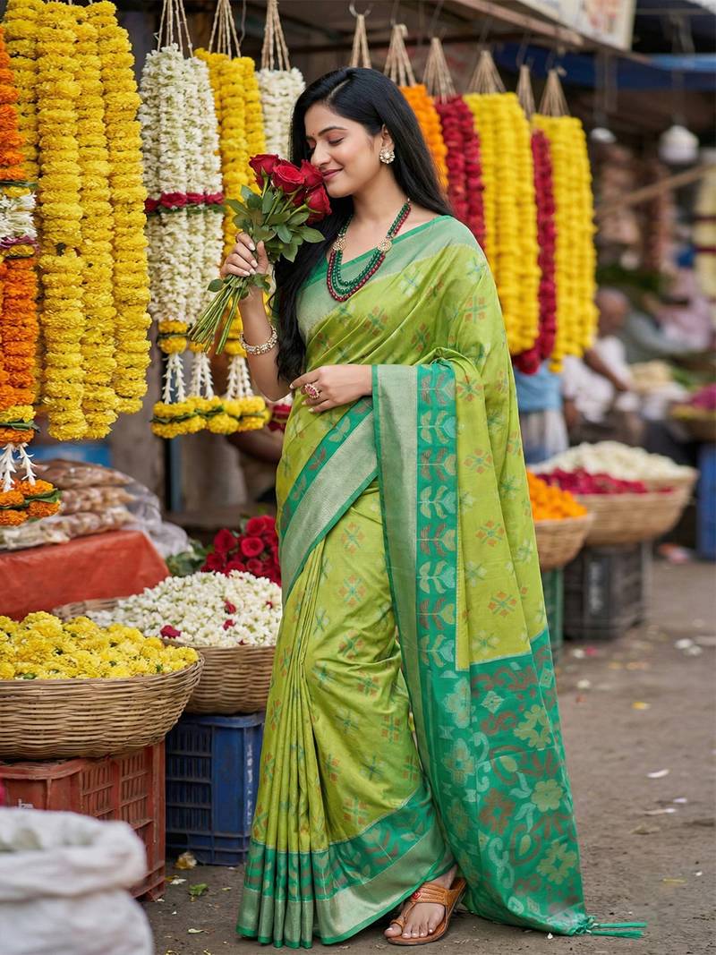 Green printed pochampalli silk with blouse fancy saree