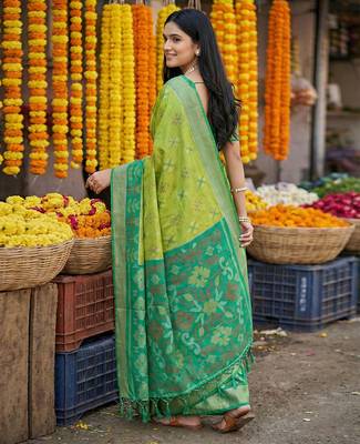 Green printed pochampalli silk with blouse fancy saree 3