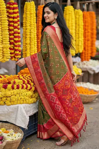 Mehendi printed pochampalli silk with blouse fancy saree