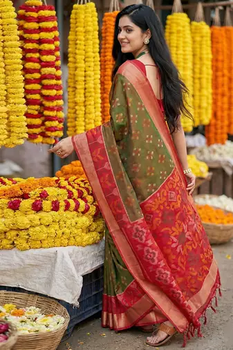 Mehendi printed pochampalli silk with blouse fancy saree