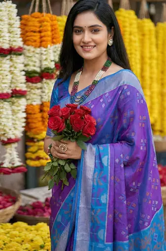Purple printed pochampalli silk with blouse fancy saree