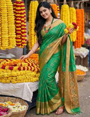 Green printed pochampalli silk with blouse fancy saree 1