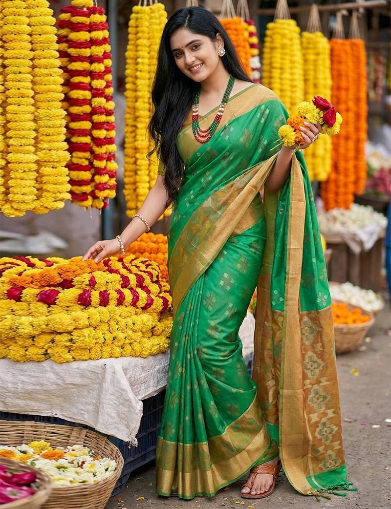 Green printed pochampalli silk with blouse fancy saree