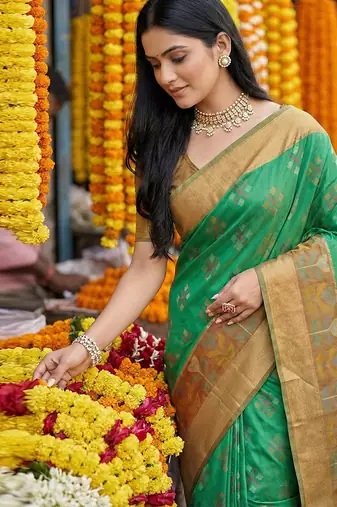 Green printed pochampalli silk with blouse fancy saree