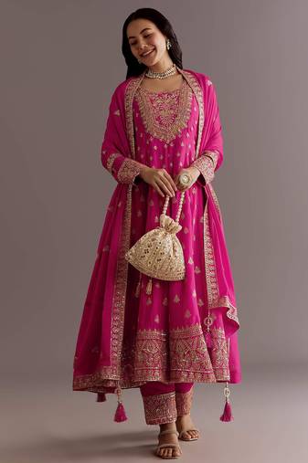 Pink color chinnon silk embroidery work gown