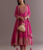 Pink color chinnon silk embroidery work gown