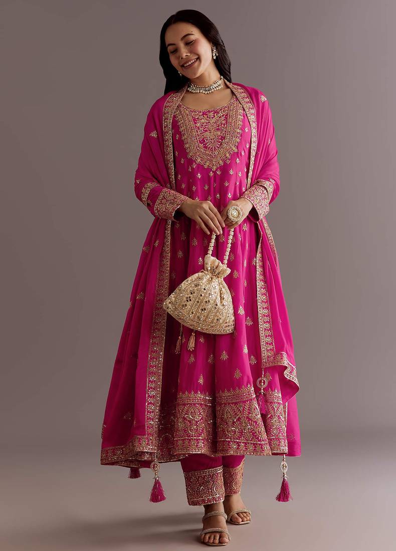 Pink color chinnon silk embroidery work gown