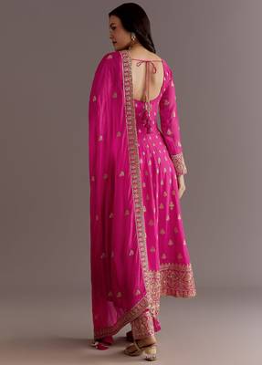 Pink color chinnon silk embroidery work gown 3