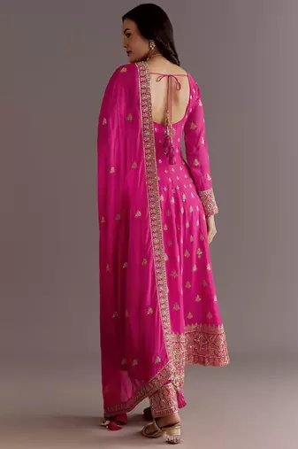 Pink color chinnon silk embroidery work gown
