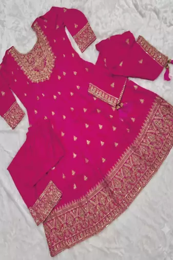 Pink color chinnon silk embroidery work gown