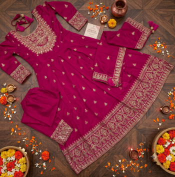 Pink color chinnon silk embroidery work gown 4