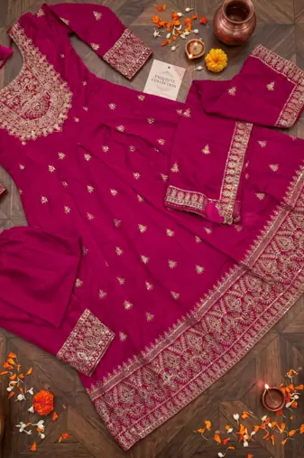 Pink color chinnon silk embroidery work gown