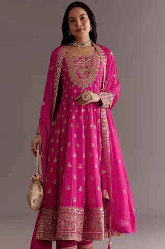 Pink color chinnon silk embroidery work gown