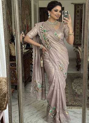 Grey  Color  elegant flower handprint & brush print Work Silk Saree 1