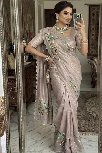 Grey  Color  elegant flower handprint & brush print Work Silk Saree