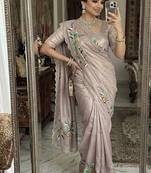 Grey  Color  elegant flower handprint & brush print Work Silk Saree
