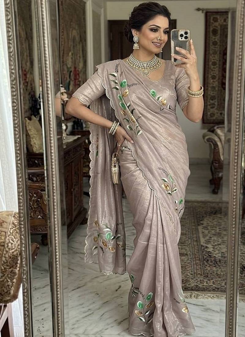 Grey  Color  elegant flower handprint & brush print Work Silk Saree