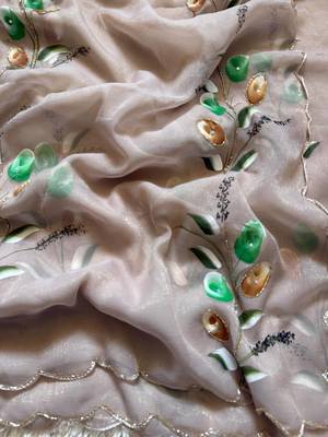 Grey  Color  elegant flower handprint & brush print Work Silk Saree 2