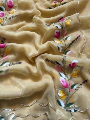 Light Yellow  Color  elegant flower handprint & brush print Work Silk Saree 2