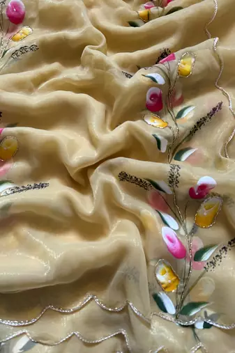 Light Yellow  Color  elegant flower handprint & brush print Work Silk Saree