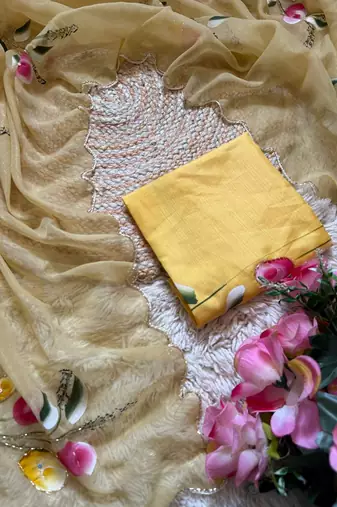 Light Yellow  Color  elegant flower handprint & brush print Work Silk Saree