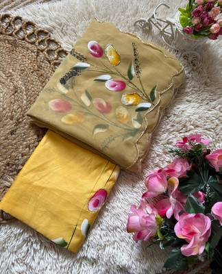 Light Yellow  Color  elegant flower handprint & brush print Work Silk Saree 4