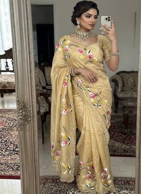 Light Yellow  Color  elegant flower handprint & brush print Work Silk Saree 1
