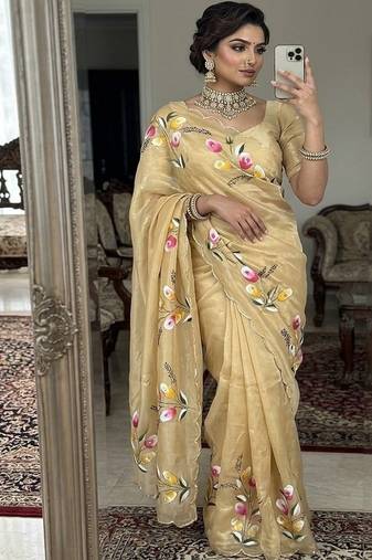 Light Yellow  Color  elegant flower handprint & brush print Work Silk Saree