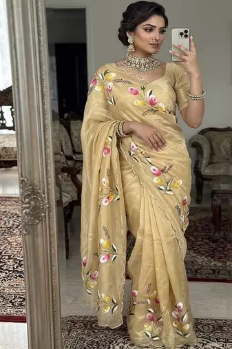 Light Yellow  Color  elegant flower handprint & brush print Work Silk Saree