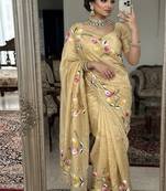 Light Yellow  Color  elegant flower handprint & brush print Work Silk Saree