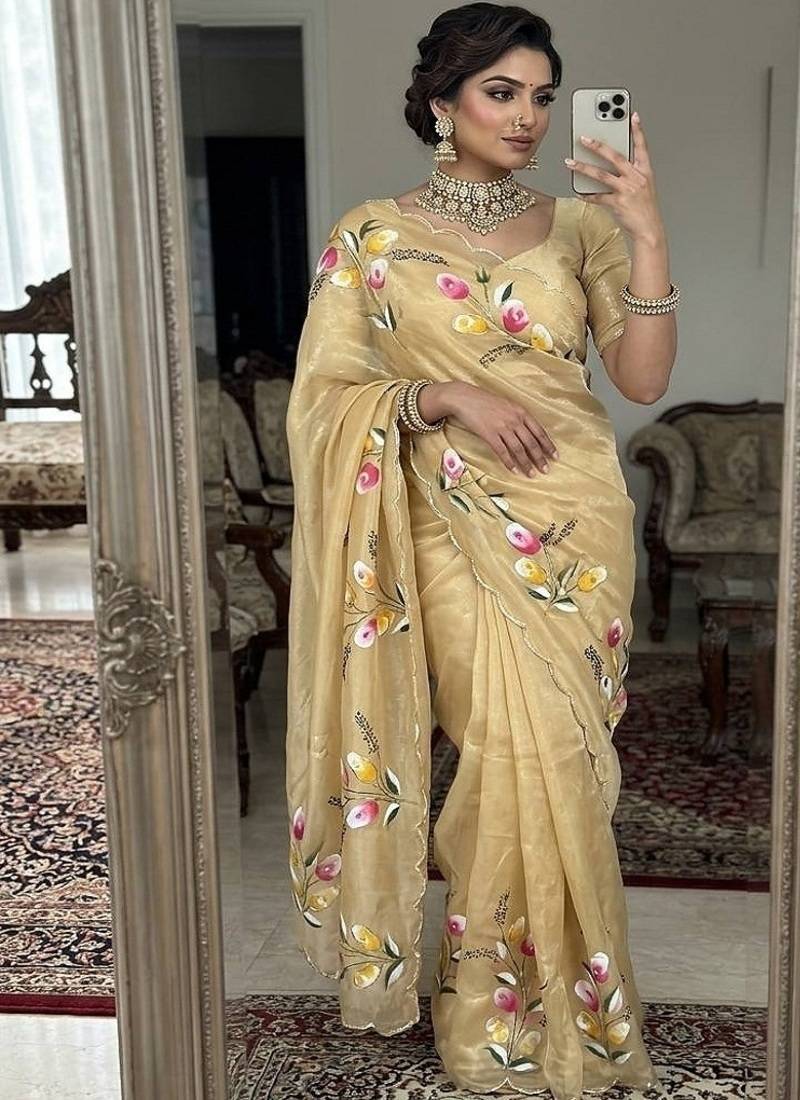 Light Yellow  Color  elegant flower handprint & brush print Work Silk Saree