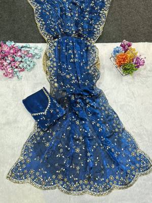 Blue Color Sequence Emrodairy Work Satin Saree 2