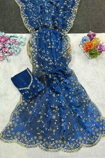 Blue Color Sequence Emrodairy Work Satin Saree