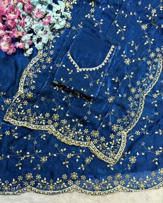 Blue Color Sequence Emrodairy Work Satin Saree 3