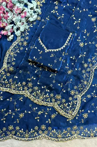Blue Color Sequence Emrodairy Work Satin Saree