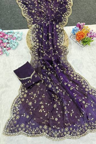 Purple Color Sequence Emrodairy Work Satin Saree