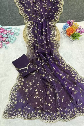 Purple Color Sequence Emrodairy Work Satin Saree