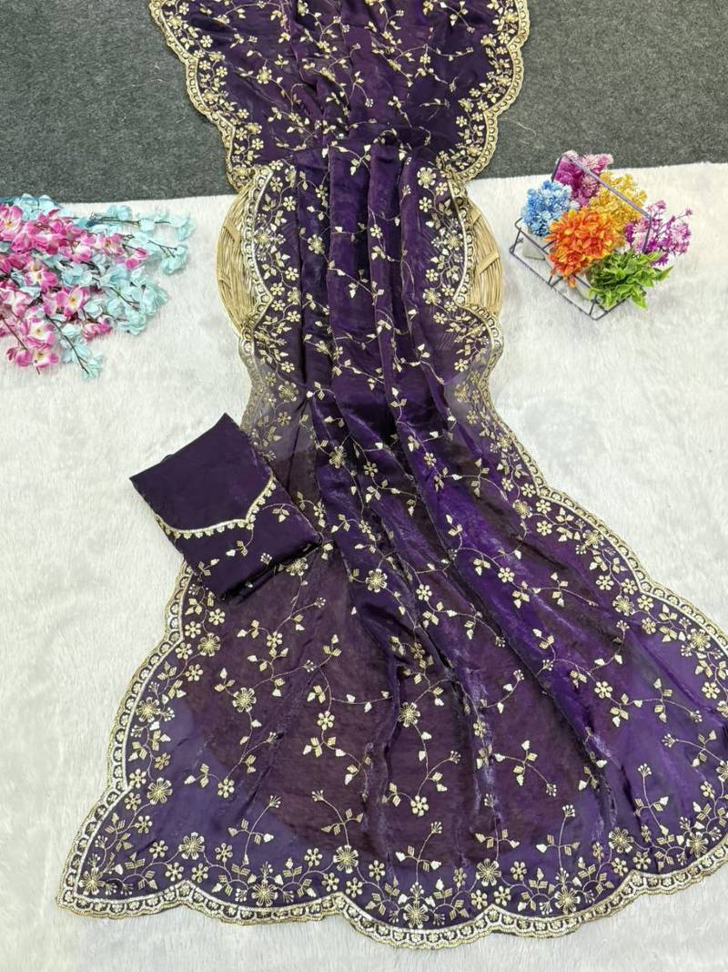 Purple Color Sequence Emrodairy Work Satin Saree