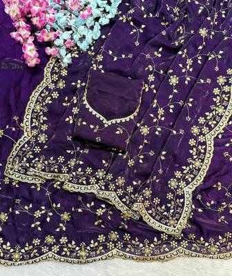 Purple Color Sequence Emrodairy Work Satin Saree 2